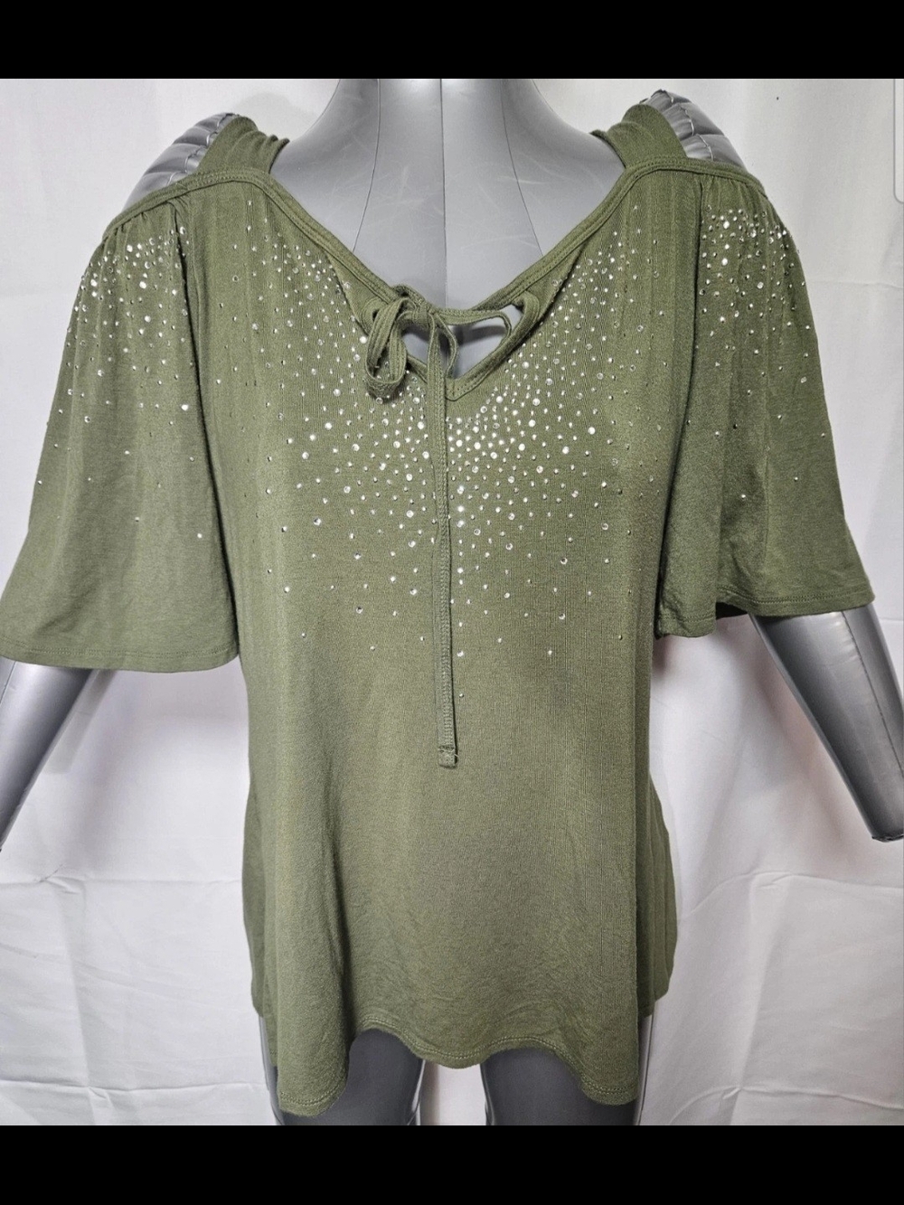Avenue Olive Green Cold-Shoulder Tie-Neck Top with Silver Studs
